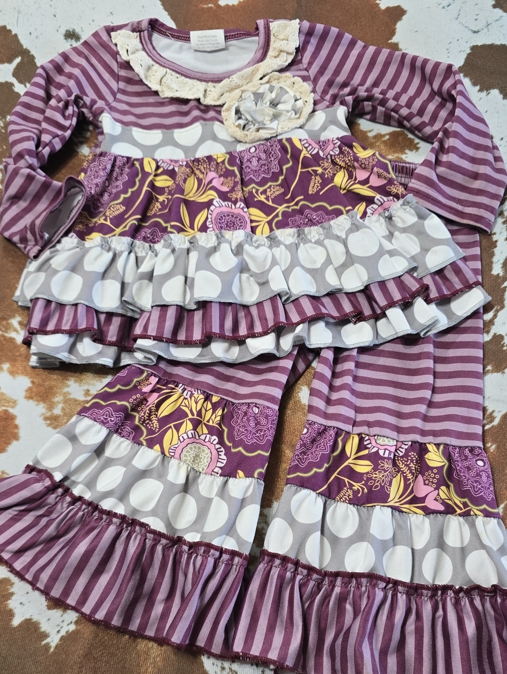 Girls Purple Floral & Stripe Ruffle Pants Dress Outfit Set 6 12